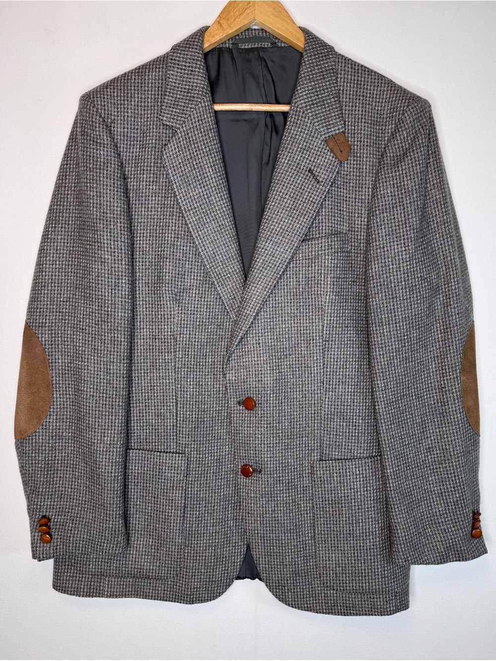 VTG Egon Von Furstenberg Plaid Tweed Wool Blazer Tan Gray Sz 44R elbow patch